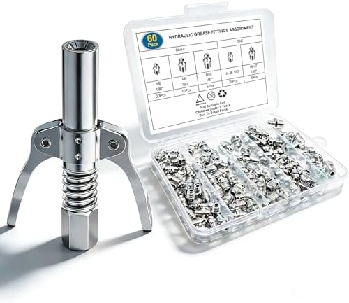 60Pcs Zerk Grease Fittings Kit with Grease Gun Coupler, Metric & SAE Sizes