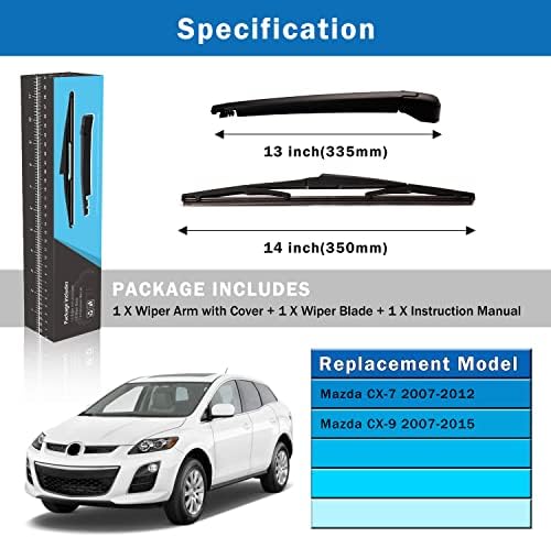 WTI Rear Wiper Arm Blade Set Compatible With Mazda CX-7 CX7 2007-2012 / Compatible With Mazda CX-9 CX9 2007-2015 Rear Windshield Window Wiper Kits Assembly New Replacement Accessories Parts