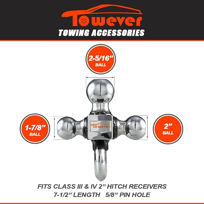 84180 Trailer Hitch Tri Ball Mount with Hook, 3 Ball Hitch Fit for Towing Hitch 2 inch Receiver (Hollow Shank Tow Hitch, Black & Chrome)