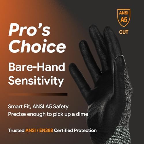 DEX FIT Level 5 Cut Resistant Gloves Cru553 Anti-Static, 3D Comfort Fit A5 Safety Work Gloves with Grip, Thin Touchscreen Gloves for Warehouse, Package Handling, Glass Handling, BlackGray, M, 12 Pairs