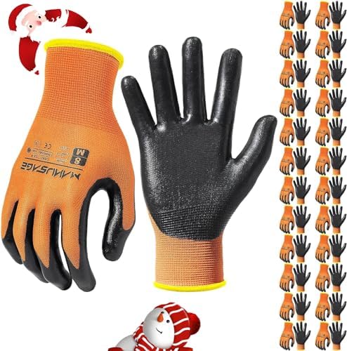 MANUSAGE Safety Work Gloves Nitrile For Men and Women, with Touchscreen Fingers, Men's Work Gloves with Grip, Mechanics Gloves (Size XL, Orange, 24-pairs)