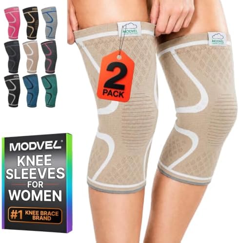 Modvel 2 Pack Knee Brace for Women - Knee Support for Walking, Knee Compression Sleeves for Pain Relief, Knee Sleeves for Women, Knee Brace for Sports, Workouts & Arthritis