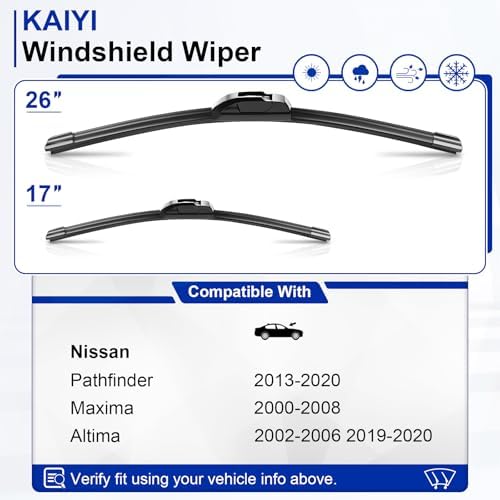 KAIYI 26" + 17" Windshield Wipers Compatible with Nissan Pathfinder 2013-2020,Maxima 2000-2008,Altima 2002-2006 2019-2020 Premium Automotive Replacement Windshield Wiper Blades 2 Pack