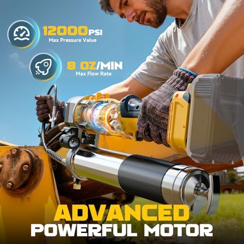 DIYtoolifz Cordless Grease Gun Compatible with DeWalt 20V Battery, 12000PSI High-Pressure with 2-in-1 Rotating Handle, 39.4" Hose & 4 Couplers for Bulk & Cartridge Grease (Tool Only)