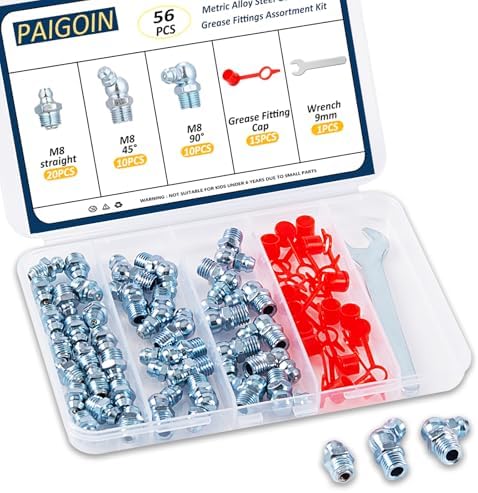 M8 Metric Grease Fittings - 56PCS Zerk Fittings Kit with Caps and Wrench Straight 45 90 Degree Angled Grease Nipples
