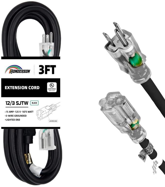 Extension Cord Weatherproof with Lighted End, UL Listed, 12 Gauge 3FT Black 3 Prong Heavy Duty, 12/3 SJTW 15A Power Cord for Lights, Lawn