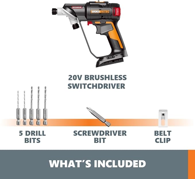 Worx Nitro 20V SwitchDriver 2.0, 2-in-1 Brushless Cordless Drill Driver, Dual 1/4" Chucks, Compact Cordless Drill with Digital Torque Setting - WX177L.9 (Tool Only), Black Orange