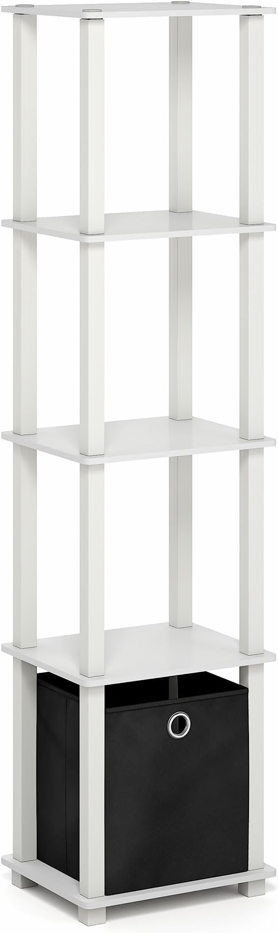 Furinno Turn-N-Tube Book Shelf, 5-Tier Square Open Frame Display Shelf, Corner Storage Shelves with Storage Bin, Shelving Unit, for Organization, Living Room, Garage, Home Office, White
