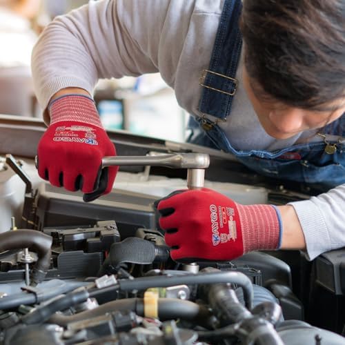 Safety Work Gloves MicroFoam Nitrile Coated-12 Pairs,KAYGO KG18NB,Seamless Knit Nylon Glove with Black Micro-Foam Nitrile Grip,Ideal for General Purpose,Automotive,Home Improvement,Red