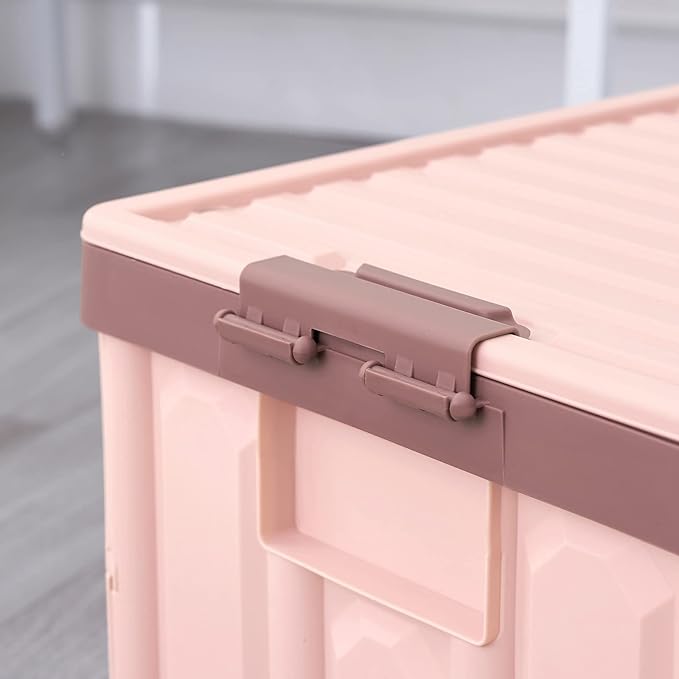 Pink Collapsible Storage Bins with Lids 2-Pack, Folding Plastic Stackable Utility Crates 30L, Durable Containers for Home & Garage Organization