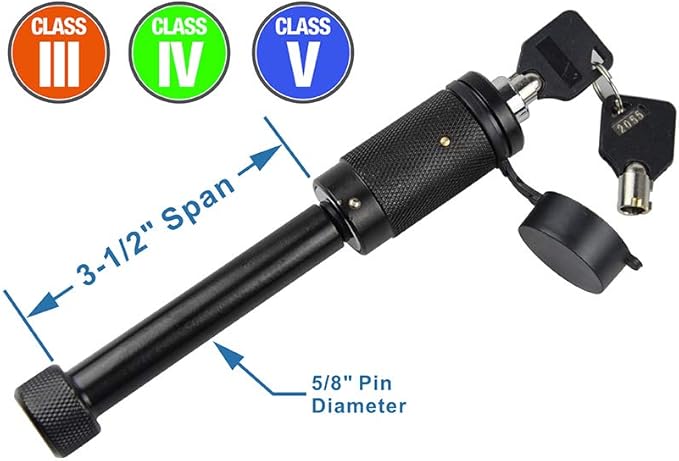 TOPTOW 63520 Trailer Hitch Lock, 5/8-inch Locking Pin Dia, 3-1/2-inch Span, Fits for Class 3, 4, 5 Hitch Receivers, Round Keys