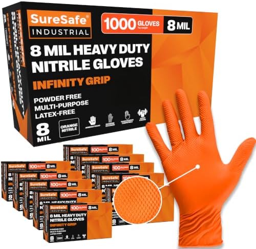 SURESAFE Orange Nitrile Gloves, 8 Mil Powder-Free Latex-Free Disposable