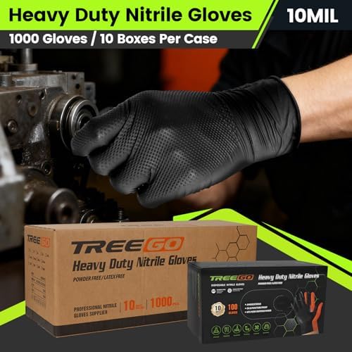 TREEGO Black 10 Mil Diamond Grip Nitrile Gloves Case, Medium, 1000 Count