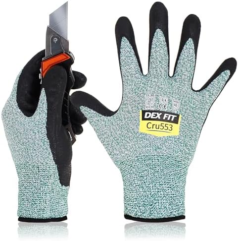 DEX FIT Level 5 Cut Resistant Gloves Cru553; Firm Non-Slip Grip; Thin & Lightweight; Durable & Foam Coated; Touchscreen Compatible; 3D-Comfort Fit; Cut Proof Work Gloves; Green M (8) 3 Pairs