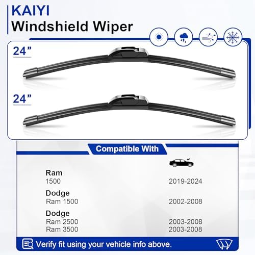 KAIYI 24" + 24" Windshield Wipers Compatible with Ram 1500 2019-2024,Dodge Ram 1500/Ram 2500/Ram 3500 2003-2008 Premium Automotive Replacement Windshield Wiper Blades 2 Pack