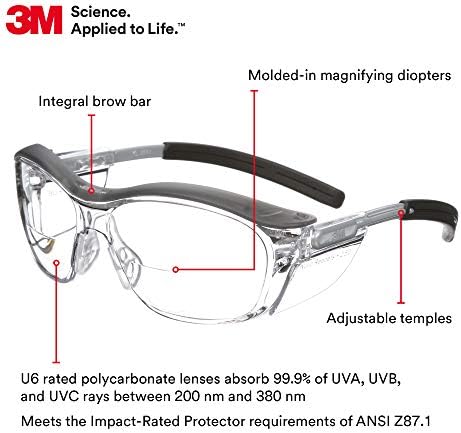 3M Safety Glasses with Readers, +2.5 Diopter, Clear Lens, Gray Frame