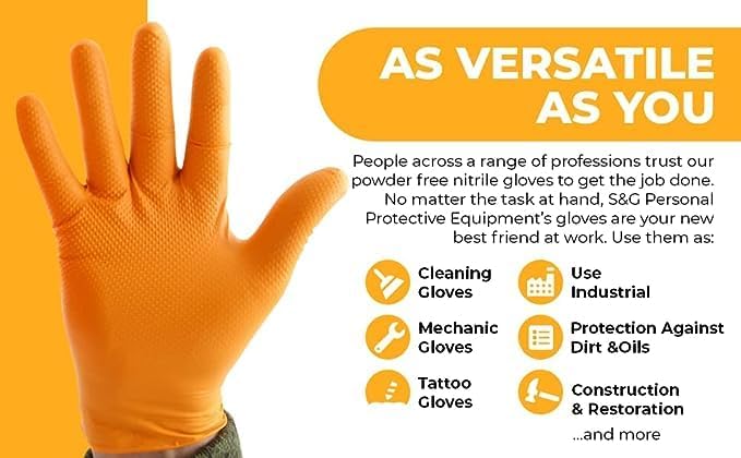 S&G Orange Nitrile Gloves Disposable Latex-Free 8Mil Thick Heavy Duty Powder-Free for Industrial, 1000 Pcs- Medium, Large, XL