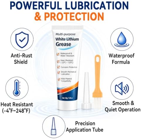 White Lithium Grease, Lithium Grease Tube with Brush Multi Purpose Lubricant Garage Door Hinges Bearings Gears Track Rail Waterproof Marine Automotive Industrial Use