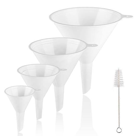 4 PCS Plastic Kitchen Funnel Set with Clean Brush, Food Grade Funnel for Kitchen Use Filling Bottles, Liquid, Protein Powder, Multifunctional Funnels for Cooking, Lab and Automotive Use
