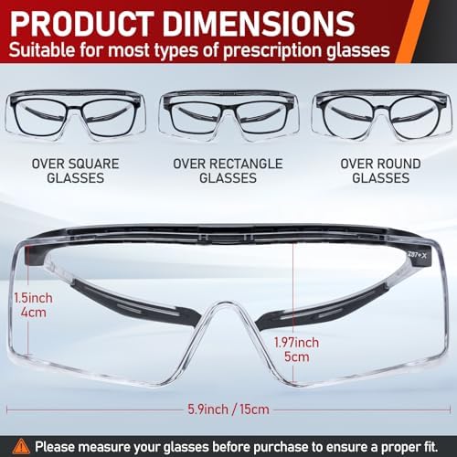 TICONN Safety Glasses Over Eyeglasses for Men Women, Anti-Fog ANSI Z87.1 Eye Goggles with Adjustable Arms and UV Protection