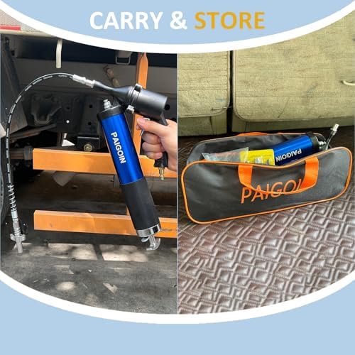 Pneumatic Grease Gun Kit 6000 PSI Heavy Duty 14 OZ Pistol Grip Grease Guns with 19" & 28" Spring Flex Hose,Quick Release Coupler,90 Degree Adapter,2 Needle Tips,2 Nozzles,2 Extension Tubes