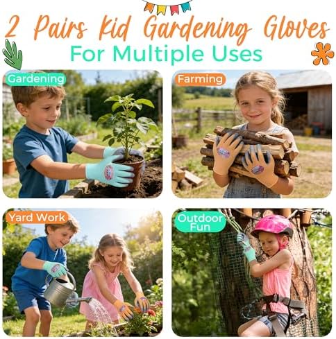 HANDLANDY 2 Pairs Kids Gardening Gloves, Grippy Kids Work Gloves, L
