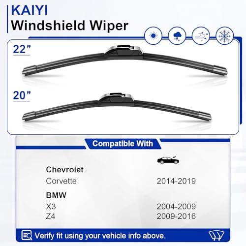 KAIYI 22" + 20" Windshield Wipers Compatible with Chevrolet Corvette 2014-2019,BMW X3 2004-2009,Z4 2009-2016 Premium Automotive Replacement Windshield Wiper Blades 2 Pack