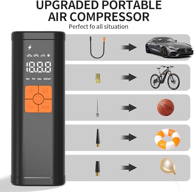 Tire Inflator Portable Air Compressor -150PSI Fast Inflation with Digital Tire Pressure Gauge, Accurate Dual LCD Display & LED Light, for Car/Motorcycle/E-Bike/Ball-One Click Smart Air Pump