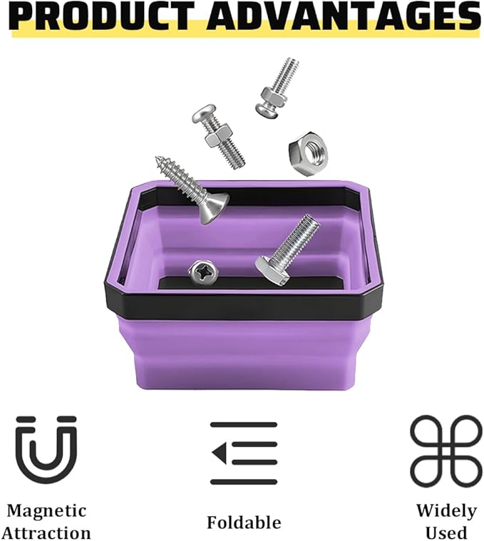 Collapsible Magnetic Car Parts Tray, Foldable Silicone Tool Tray with Magnetic Base, Double-Side Magnet Bowl for Auto Bolts, Screws, Nuts, Small Metal Parts, Universal Fit (Purple)