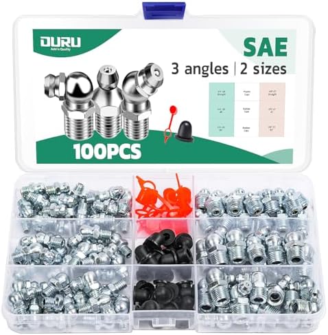 OURU 100PCS Grease Fittings Assortment Kit, SAE with Caps & Wrench Kit