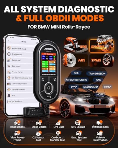 ANCEL BD330 BMW OBD2 Scanner for BMW, MINI, and Rolls-Royce Vehicles, ABS Full-System Diagnostic Scan Tool, Battery Registration/BAT Check, EPB/Oil/Throttle Reset, 3-in-1 Bluetooth/Wired/HUD- Black