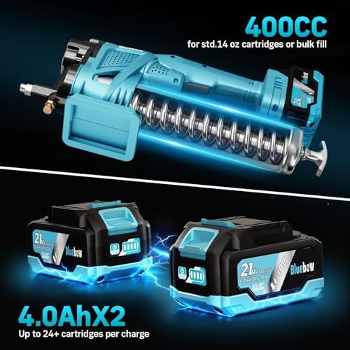 Bluebow Electric Grease Gun Kit, 12,000 PSI Pressure, 5.3 oz/min Flow Rate, 2X 4000 mAh Batteries, 39.4" Flexible Hose, Cordless Grease Gun Built for Farmers, Mechanics & Truckers, Light Weight, Teal
