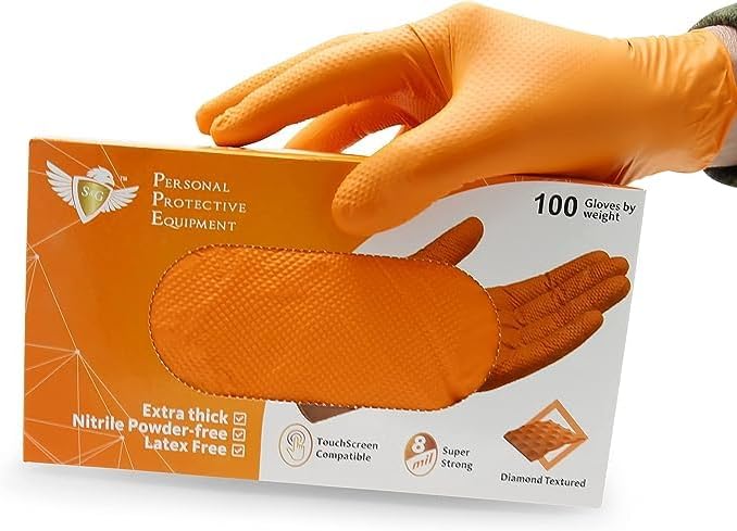 S&G Orange Nitrile Gloves Disposable Latex-Free 8Mil Thick Heavy Duty Powder-Free for Industrial, 1000 Pcs- Medium, Large, XL
