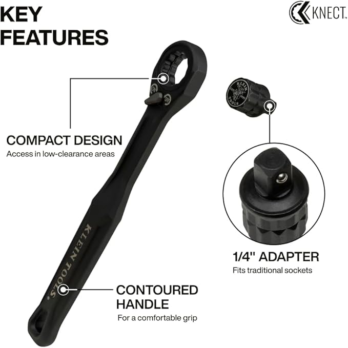KLEIN TOOLS 65301ADP KNECT (S) Pass Through Ratchet and 1/4-Inch Socket Adapter Set, Compact and Comfortable Hand Tool, Backwards Compatible with 1/4-Inch Square Drive Sockets
