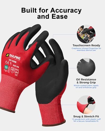DULFINE MicroFoam Nitrile Coated 12 Pairs Work Gloves for Men Red S