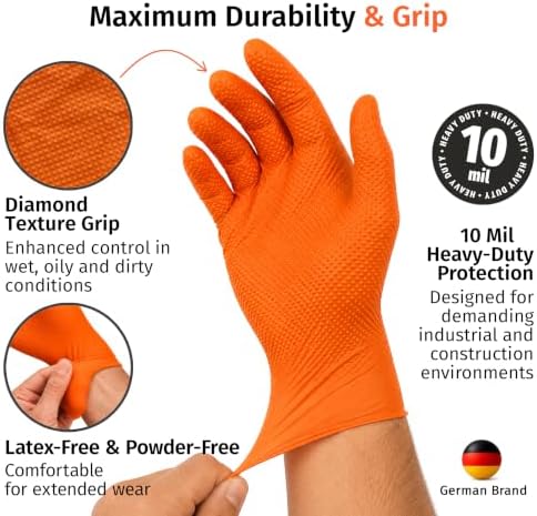 SF UltraDuty Orange Diamond Nitrile Gloves 10 Mil – 100 Heavy Duty Latex Free Powder Free Gloves