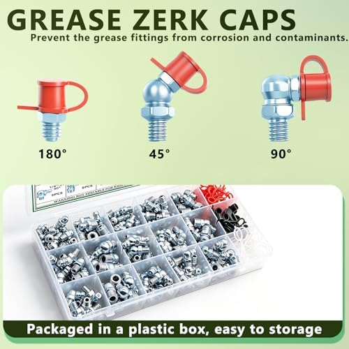 120PCS Grease Fittings Assortment, SAE & Metric Zerk Grease Fitting Straight 45 90 Degree (1/4"-28,1/8"-27,M6,M8,M10) with Plastic Caps for Grease Gun