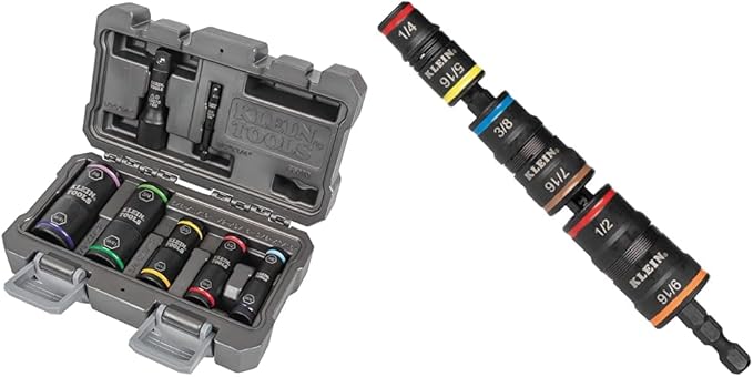 Klein Tools 66070 Impact Socket Set, Impact Driver Flip Socket, Five Sockets & 32933 Impact Driver, 7-in-1 Impact Flip Socket Set, 6 Hex Driver Sizes