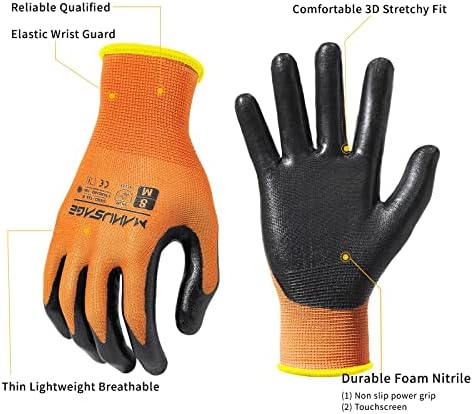 MANUSAGE Safety Work Gloves Nitrile For Men and Women, with Touchscreen Fingers, Men's Work Gloves with Grip, Mechanics Gloves (Size XL, Orange, 3-pairs)