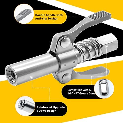 Grease Gun Coupler, Double Handle Quick Lock Release Grease Tips Ends Couplers, Rated 10,000 PSI, Compatible with All Grease Guns 1/8" NPT Fittings, 1-PC
