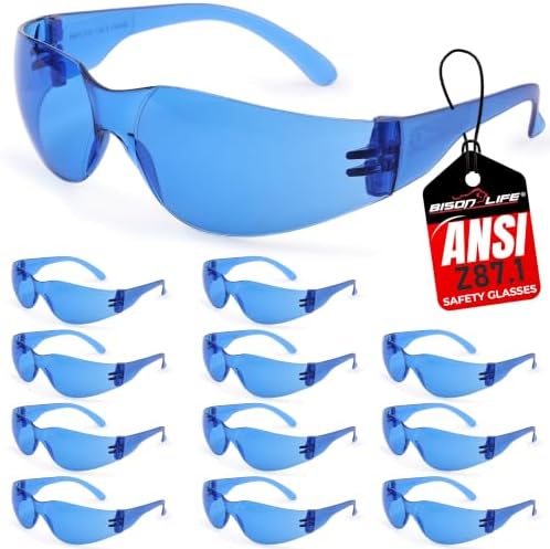 BISON LIFE Blue Safety Glasses for Men & Women, Bulk, ANSI Z87.1, 12 Pack
