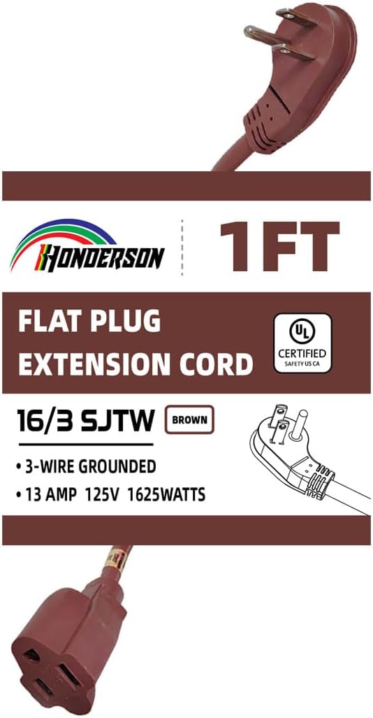 Flat Plug Indoor Extension Cord, UL Certified, 16 Gauge 1FT Brown 3 Prong Heavy Duty, 16/3 SJTW 13A Power Cord for Lights, Appliances, Home