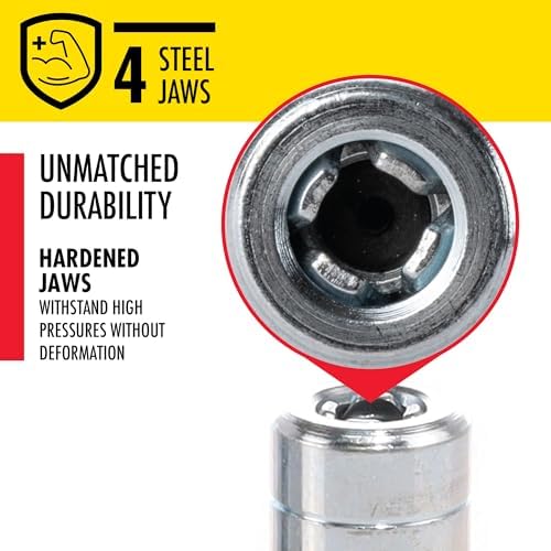 LUMAX LX-1400 Silver 1/8" NPT Standard Grease Coupler for Grease Guns, with Four Hardened Steel Jaws for Durability