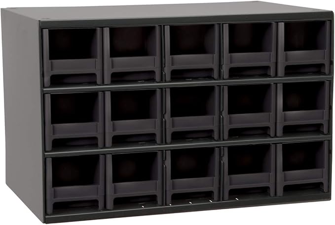 Akro-Mils Steel Garage Storage Cabinet, Small Parts Organizer Metal Cabinet for Hardware, Nails, Screws, Bolts, Nuts, and More, 17" W x 11" D x 11" H, 15-Drawer, Gray Cabinet/Black Drawers (19715)