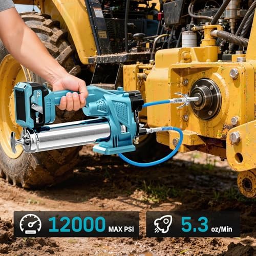 Bluebow Electric Grease Gun Kit, 12,000 PSI Pressure, 5.3 oz/min Flow Rate, 2X 4000 mAh Batteries, 39.4" Flexible Hose, Cordless Grease Gun Built for Farmers, Mechanics & Truckers, Light Weight, Teal