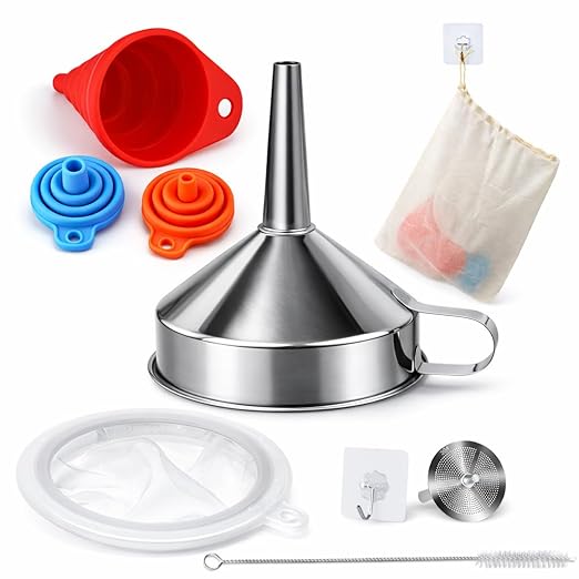 No Spill Kitchen Funnel Set, Food Grade 3 Collapsible Silicone Funnels with 1 Stainless Steel Funnel, Strainer for Hot Oil, Brush, Hook, and Storage Bag, Filling Bottles, Liquids, and Dry Ingredients