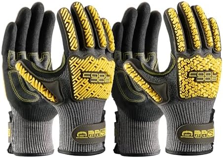 COOLJOB A7 Cut Resistant Work Gloves with TPR, Nitrile Coated Anti-Slip Impact Gloves, Touchscreen Heavy Duty Safety Mittens
