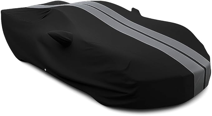 SR1 Performance USA C8 Corvette Car Cover Outdoor 2020–2026 – Custom Fit Stingray Z06 Z51 E-Ray, Water Resistant Breathable, UV Protection, Wind Secure & Storage Bag (Black with Gray Stripes)