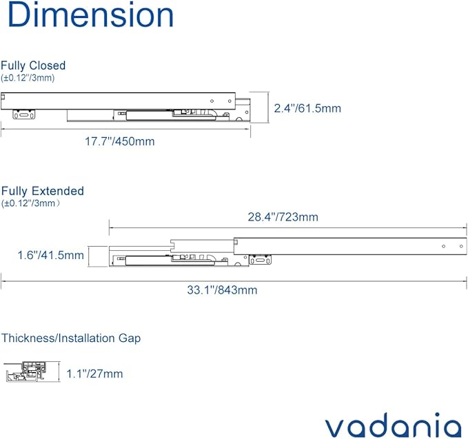 VADANIA 18" Undermount Drawer Slide, Push to Open, Bottom Mounted & Bottom Support, 88 lb Load Capacity, 3-Fold Full Extension, Invisible Drawer Slies,1 Pair(2-Pack)