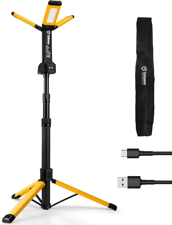 Rechargeable Work Light with Stand, GoGonova Cordless Work Light with Triple LED Lamps, 8AH Battery, 700/1200/2200 Lumen, 4000/6500K Dimmable Camping Light with Detachable Tripod（Yellow）